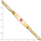14K Medical Solid Chain/Solid Plate Soft Diamond Shape 36x9mm Centered Red Enamel Flat Figaro Link 7 inch ID Bracelet