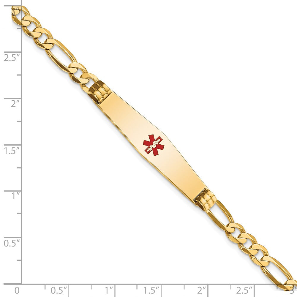 14K Medical Solid Chain/Solid Plate Soft Diamond Shape 36x9mm Centered Red Enamel Flat Figaro Link 8 inch ID Bracelet