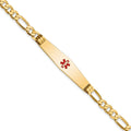 14K Medical Solid Chain/Solid Plate Soft Diamond Shape 36x9mm Centered Red Enamel Flat Figaro Link 8 inch ID Bracelet
