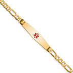 14K Medical Solid Chain/Solid Plate Soft Diamond Shape 36x9mm Centered Red Enamel Flat Figaro Link 8 inch ID Bracelet