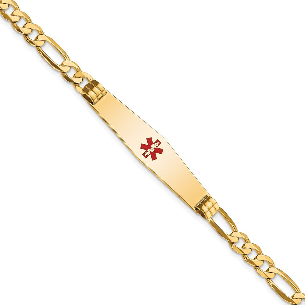 14K Medical Solid Chain/Solid Plate Soft Diamond Shape 36x9mm Centered Red Enamel Flat Figaro Link 8 inch ID Bracelet
