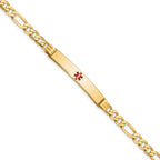 14K Medical Solid Chain/Solid Plate 37x6mm Centered Red Enamel Flat Figaro Link 7 inch ID Bracelet