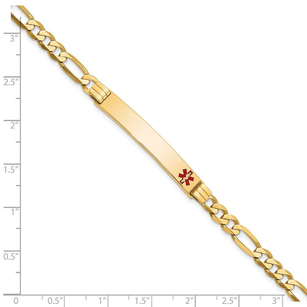 14K Medical Solid Chain/Solid Plate 37x6mm Off-Center Red Enamel Flat Figaro 8 inch Link ID Bracelet