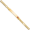 14K Medical Solid Chain/Solid Plate 37x6mm Off-Center Red Enamel Flat Figaro 8 inch Link ID Bracelet