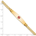 14K Medical Solid Chain/Solid Plate Soft Diamond Shape 36x9mm Centered Red Enamel Curb Link 7 inch ID Bracelet