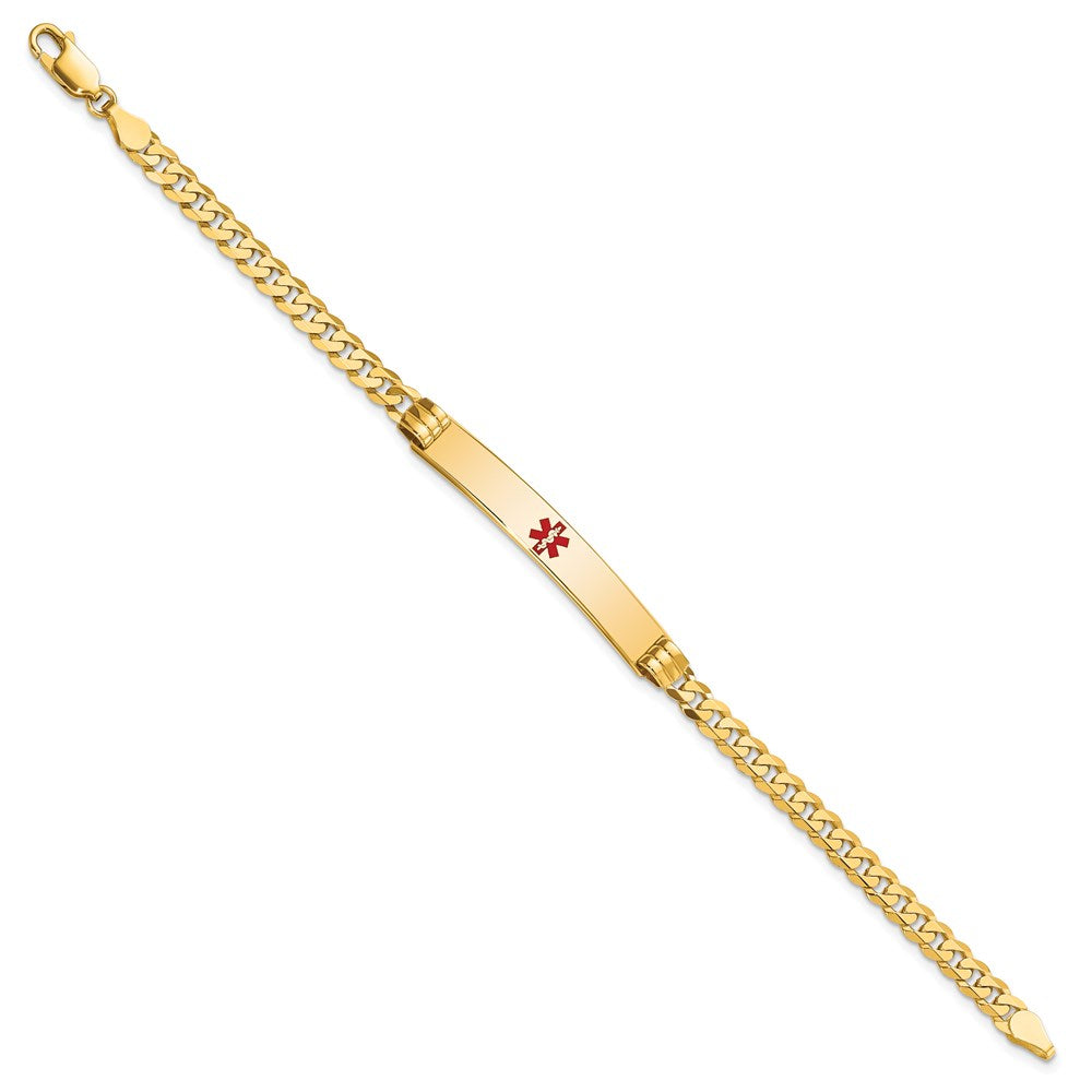 14K Medical Solid Chain/Solid Plate 37x6mm Centered Red Enamel Curb Link 8 inch ID Bracelet