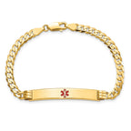 14K Medical Solid Chain/Solid Plate 37x6mm Centered Red Enamel Curb Link 8 inch ID Bracelet