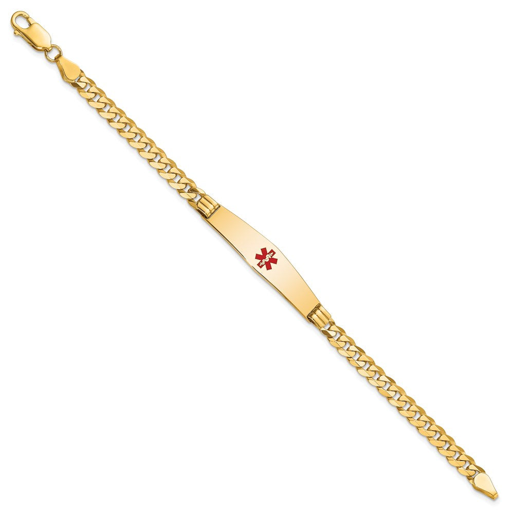 14K Medical Solid Chain/Solid Plate Soft Diamond Shape 36x9mm Centered Red Enamel Curb Link 7 inch ID Bracelet