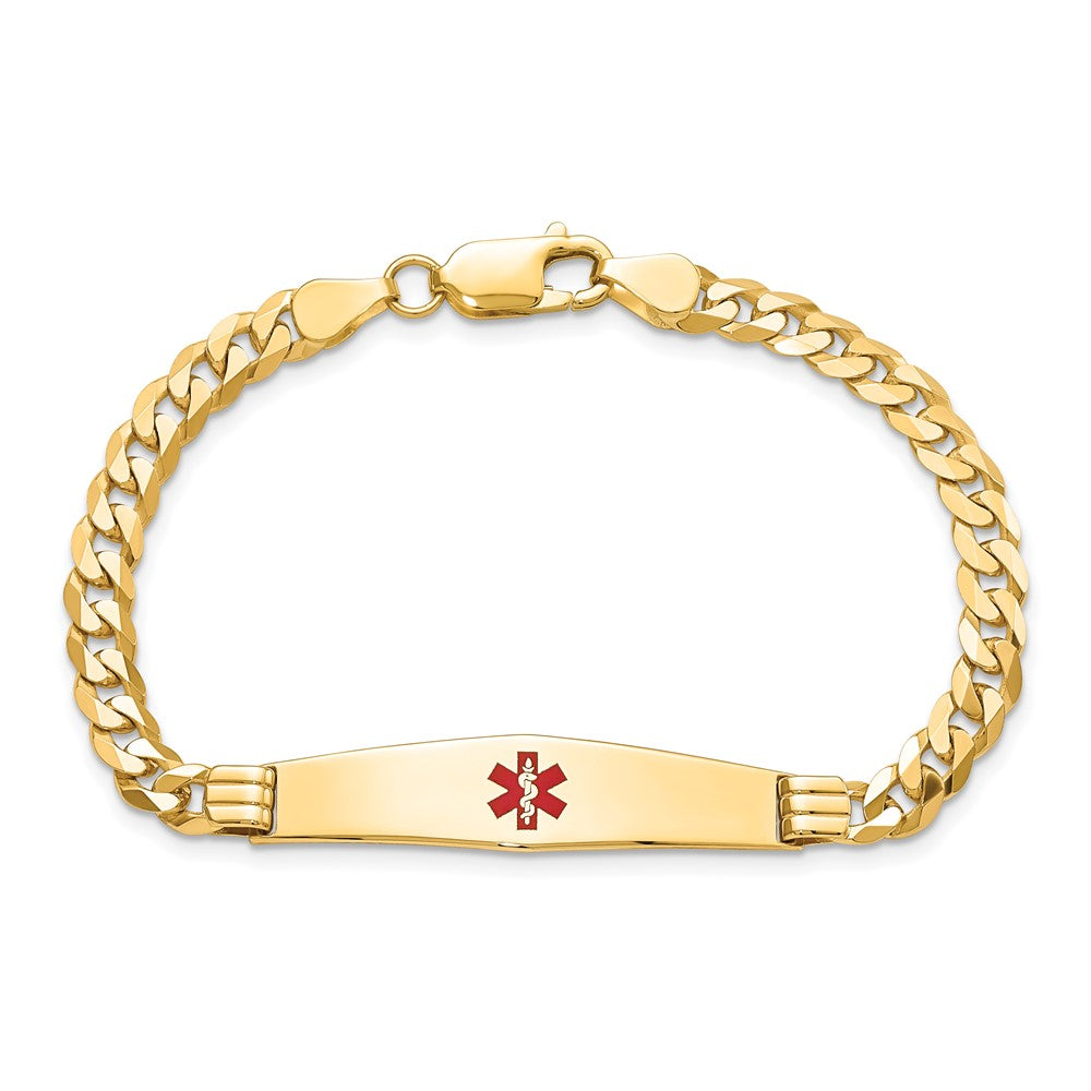14K Medical Solid Chain/Solid Plate Soft Diamond Shape 36x9mm Centered Red Enamel Curb Link 8 inch ID Bracelet
