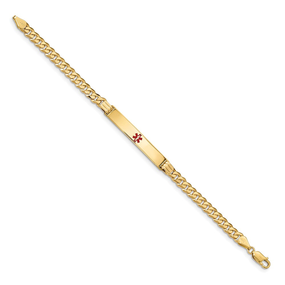 14K Medical Solid Chain/Solid Plate 37x6mm Centered Red Enamel Curb Link 8 inch ID Bracelet