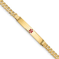 14K Medical Solid Chain/Solid Plate 37x6mm Centered Red Enamel Curb Link 8 inch ID Bracelet