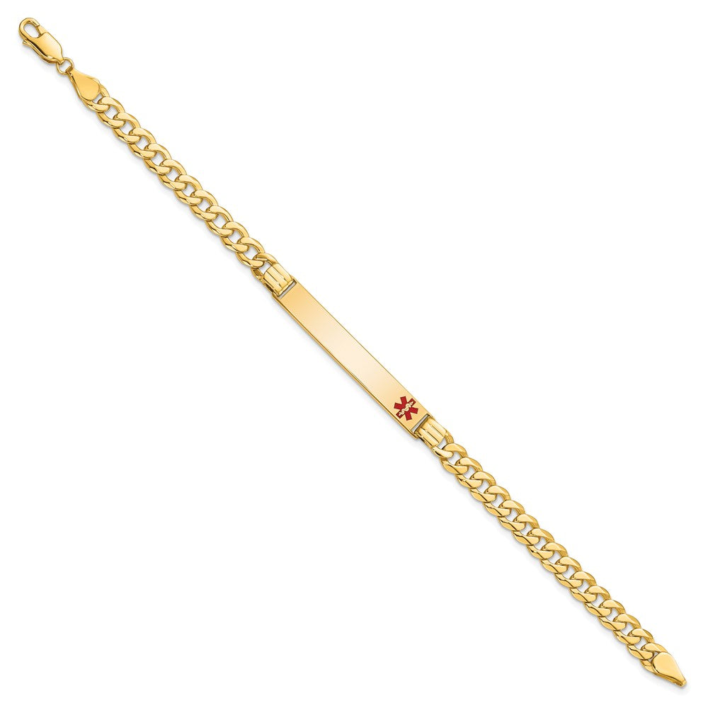 14K Medical Solid Chain/Solid Plate 37x6mm Off-Center Red Enamel Curb Link 7 inch ID Bracelet
