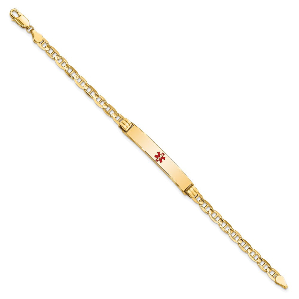 14K Medical Solid Chain/Solid Plate 37x6mm Centered Red Enamel Anchor Link 8 inch ID Bracelet