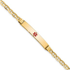 14K Medical Solid Chain/Solid Plate 37x6mm Centered Red Enamel Anchor Link 7 inch ID Bracelet