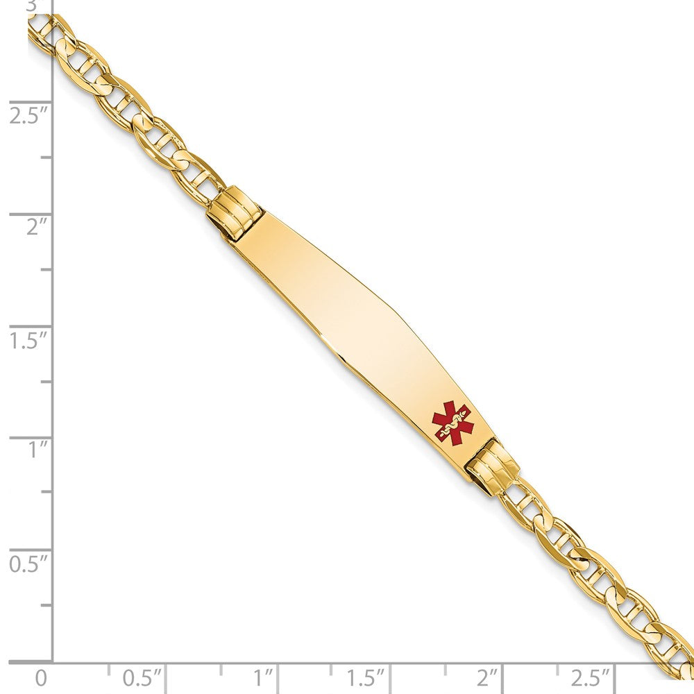 14K Medical Solid Chain/Solid Plate Soft Diamond Shape 36x9mm Off-Center Red Enamel Anchor Link 7 inch ID Bracelet