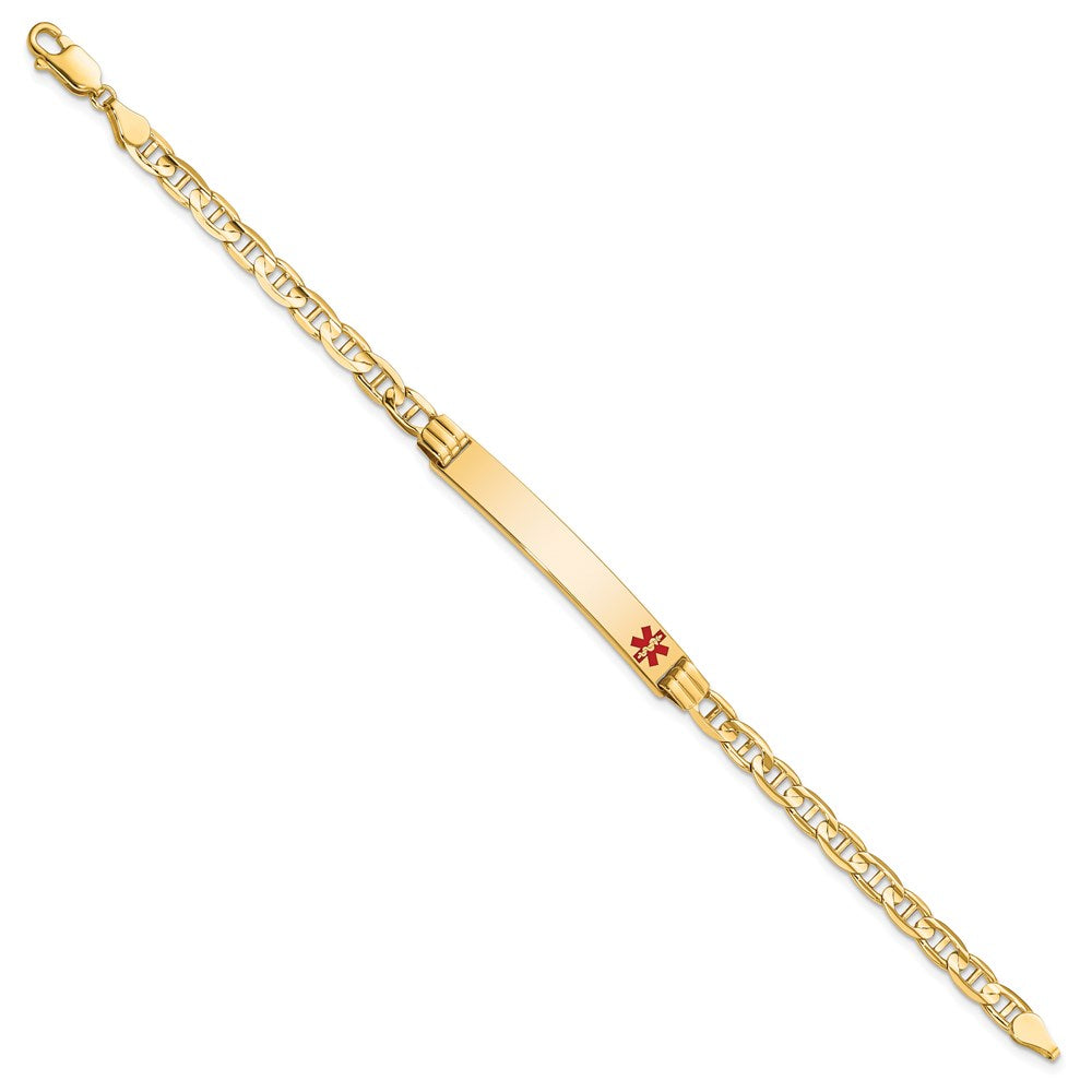 14K Medical Solid Chain/Solid Plate 37x6mm Off-Center Red Enamel Anchor Link 8 inch ID Bracelet