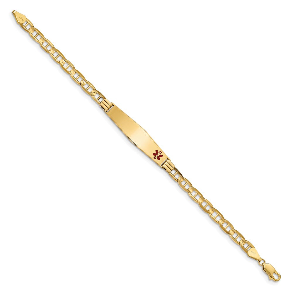 14K Medical Solid Chain/Solid Plate Soft Diamond Shape 37x9mm Off-Center Red Enamel Anchor Link 7 inch ID Bracelet