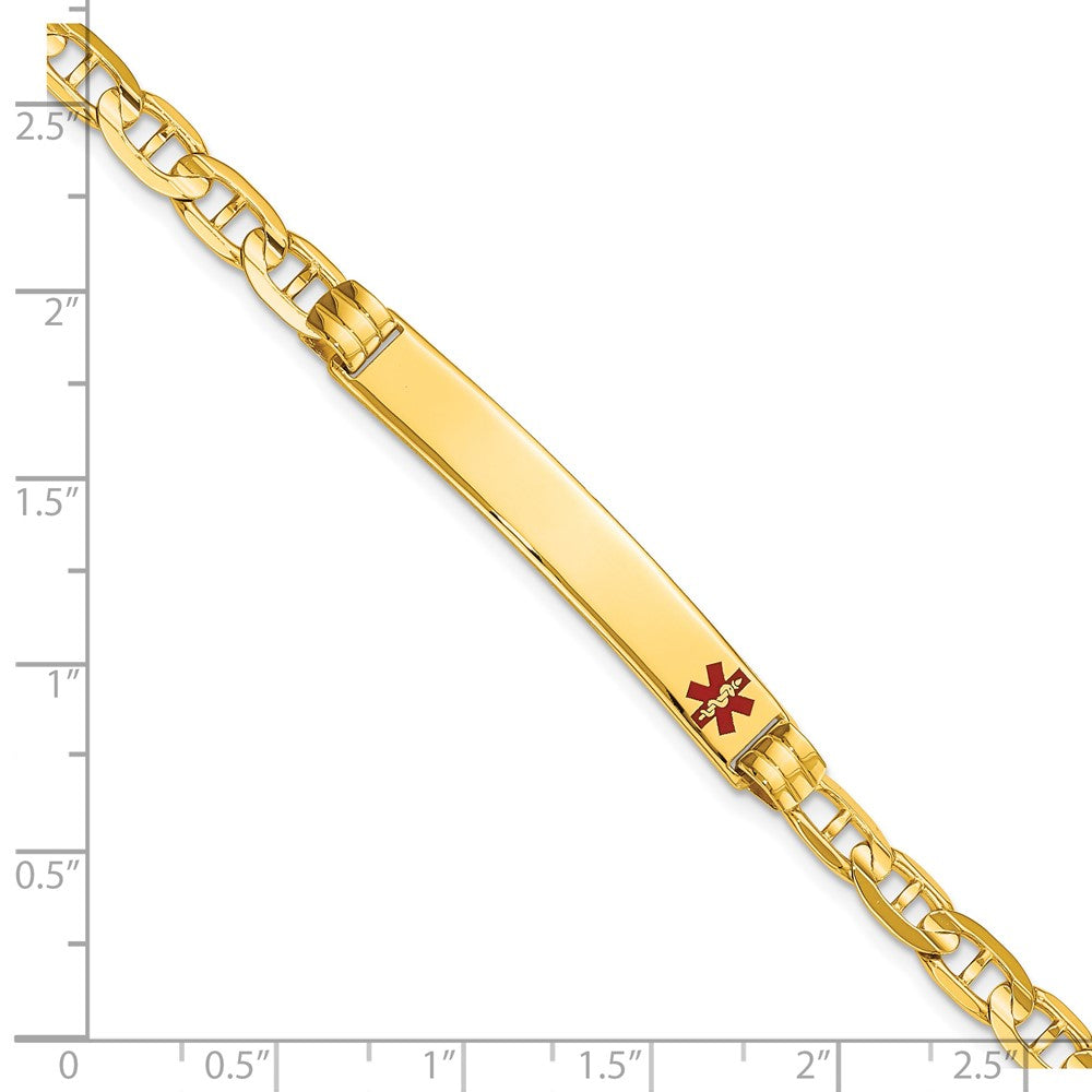 14K Medical Solid Chain/Solid Plate 37x6mm Off-Center Red Enamel Anchor Link 8 inch ID Bracelet