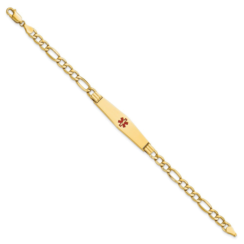 14K Medical Semi-Solid Chain/Solid Plate Soft Diamond Shape 37x9mm Centered Red Enamel Figaro Link 8 inch ID Bracelet