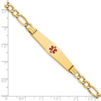 14K Medical Semi-Solid Chain/Solid Plate Soft Diamond Shape 37x9mm Centered Red Enamel Figaro Link 8 inch ID Bracelet