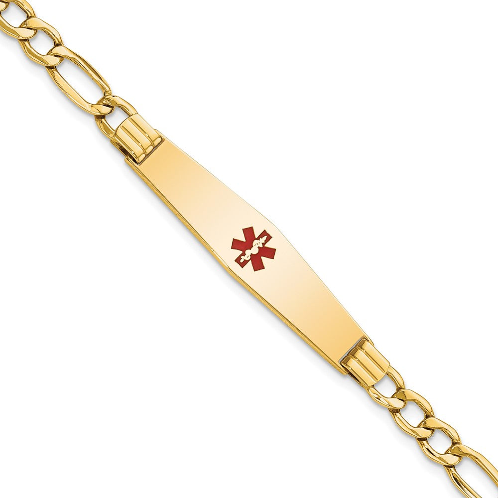 14K Medical Semi-Solid Chain/Solid Plate Soft Diamond Shape 37x9mm Centered Red Enamel Figaro Link 8 inch ID Bracelet