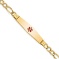 14K Medical Semi-Solid Chain/Solid Plate Soft Diamond Shape 37x9mm Centered Red Enamel Figaro Link 8 inch ID Bracelet