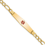 14K Medical Semi-Solid Chain/Solid Plate Soft Diamond Shape 37x9mm Centered Red Enamel Figaro Link 8 inch ID Bracelet