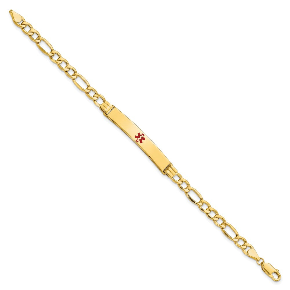 14K Medical Semi-Solid Chain/Solid Plate 37x6mm Centered Red Enamel Figaro Link 8 inch ID Bracelet