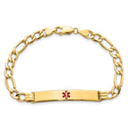 14K Medical Semi-Solid Chain/Solid Plate 37x6mm Centered Red Enamel Figaro Link 8 inch ID Bracelet