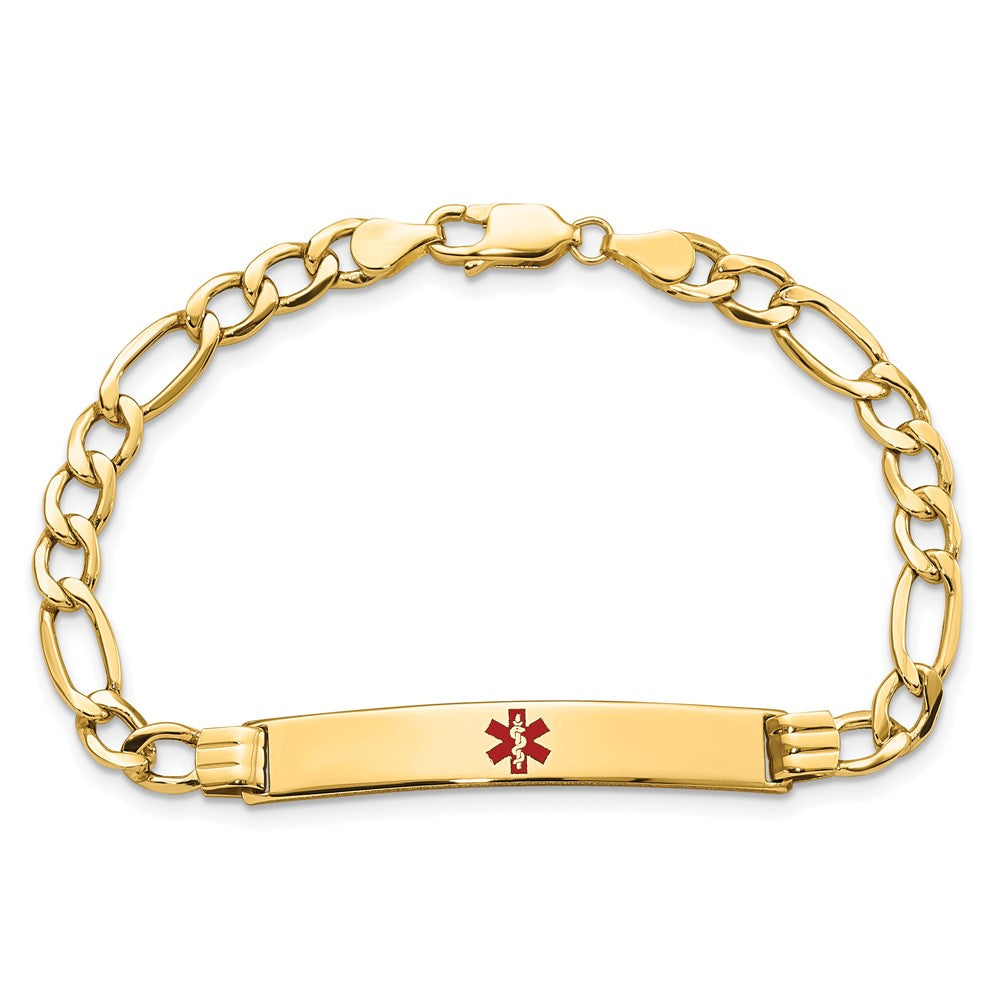 14K Medical Semi-Solid Chain/Solid Plate 37x6mm Centered Red Enamel Figaro Link 8 inch ID Bracelet