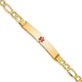 14K Medical Semi-Solid Chain/Solid Plate 37x6mm Centered Red Enamel Figaro Link 8 inch ID Bracelet