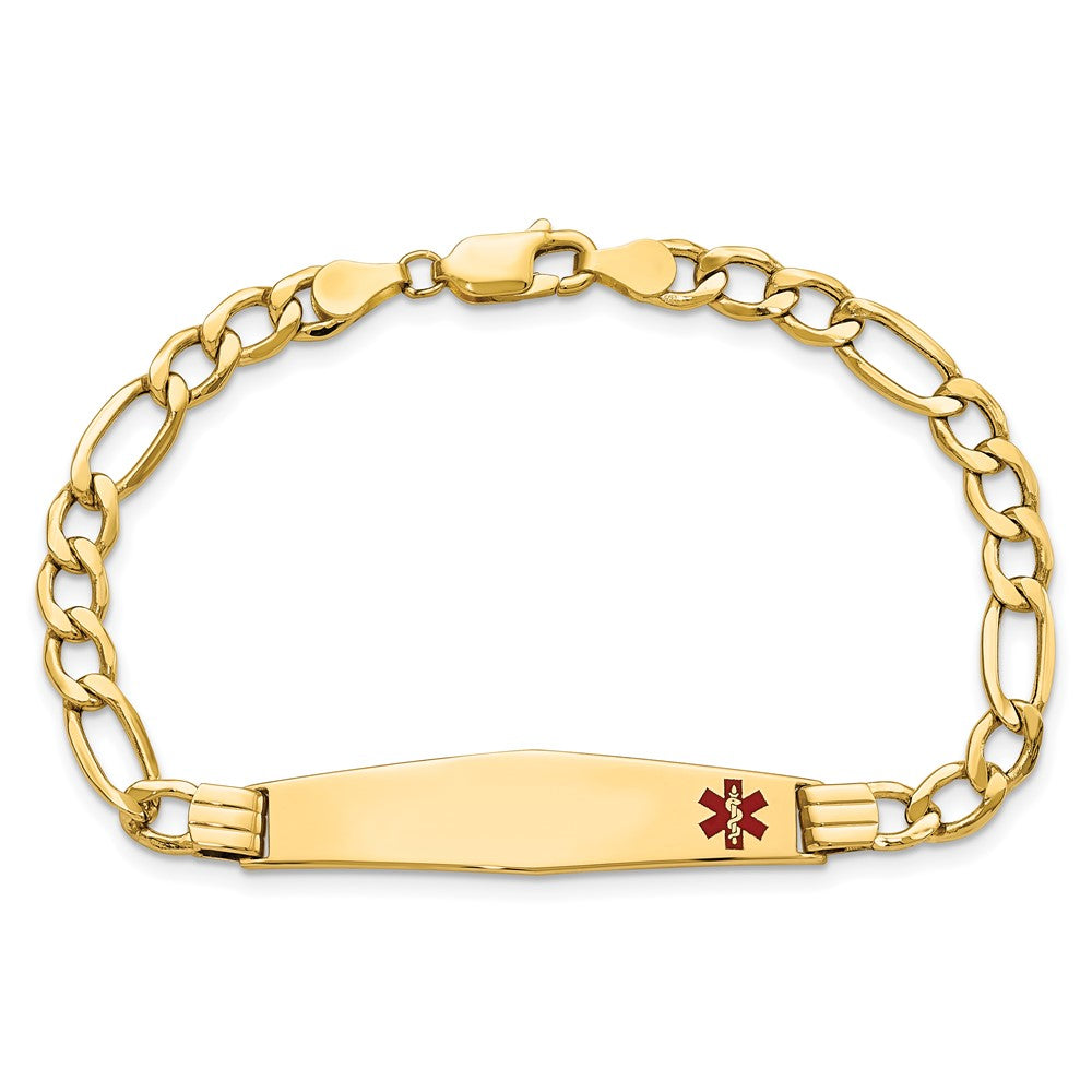 14K Medical Semi-Solid Chain/Solid Plate Soft Diamond Shape 37x9mm Off-Center Red Enamel Figaro Link 8 inch ID Bracelet