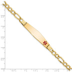 14K Medical Semi-Solid Chain/Solid Plate Soft Diamond Shape 37x9mm Off-Center Red Enamel Figaro Link 7 inch ID Bracelet