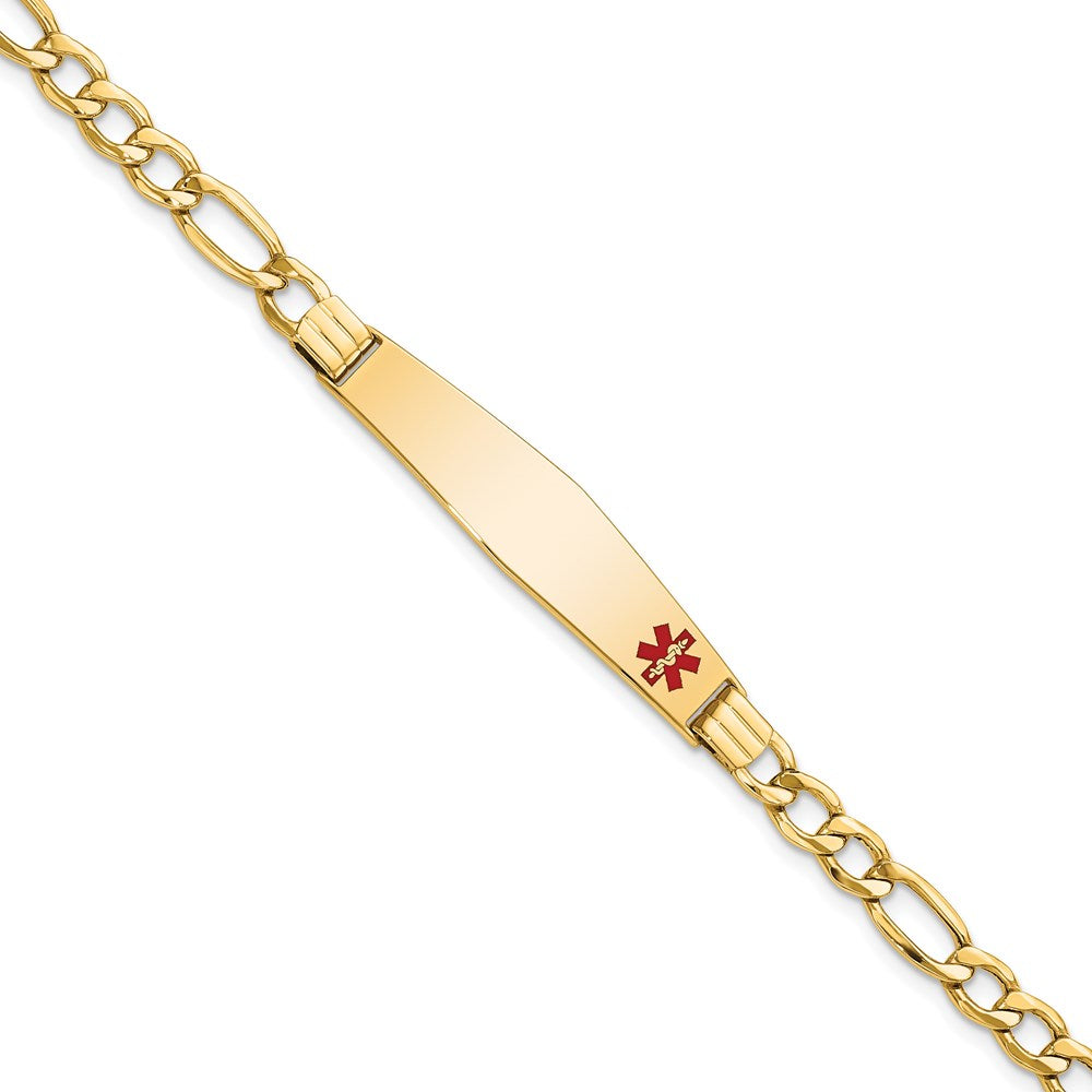 14K Medical Semi-Solid Chain/Solid Plate Soft Diamond Shape 37x9mm Off-Center Red Enamel Figaro Link 8 inch ID Bracelet