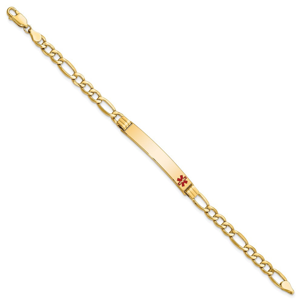 14K Medical Semi-Solid Chain/Solid Plate 37x6mm Off-Center Red Enamel Figaro Link 8 inch ID Bracelet