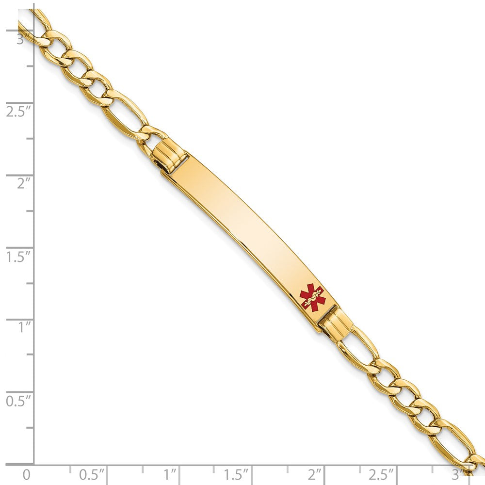 14K Medical Semi-Solid Chain/Solid Plate 37x6mm Off-Center Red Enamel Figaro Link 7 inch ID Bracelet