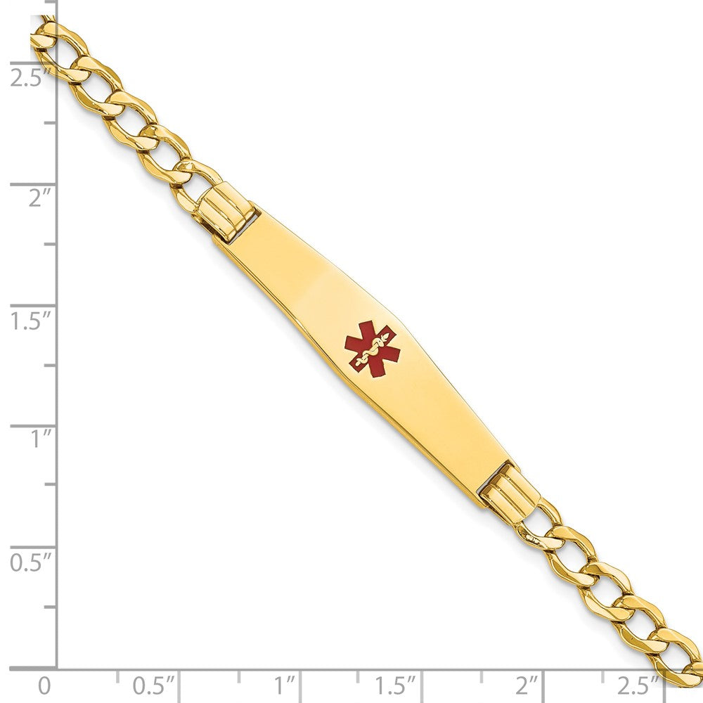 14K Medical Semi-Solid Chain/Solid Plate Soft Diamond Shape 37x9mm Centered Red Enamel Curb Link 8 inch ID Bracelet