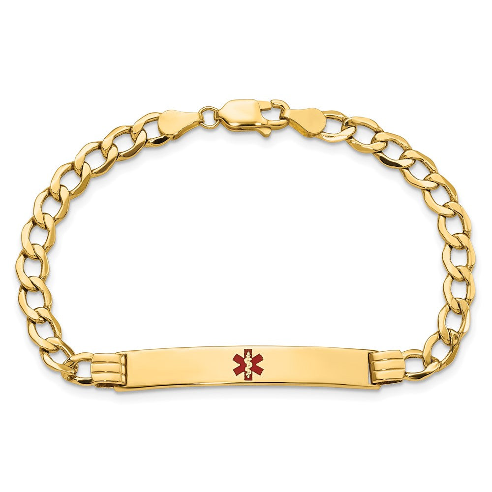 14K Medical Semi-Solid Chain/Solid Plate 37x6mm Centered Red Enamel Cuban Link 8 inch ID Bracelet