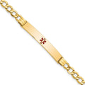 14K Medical Semi-Solid Chain/Solid Plate 37x6mm Centered Red Enamel Cuban Link 8 inch ID Bracelet