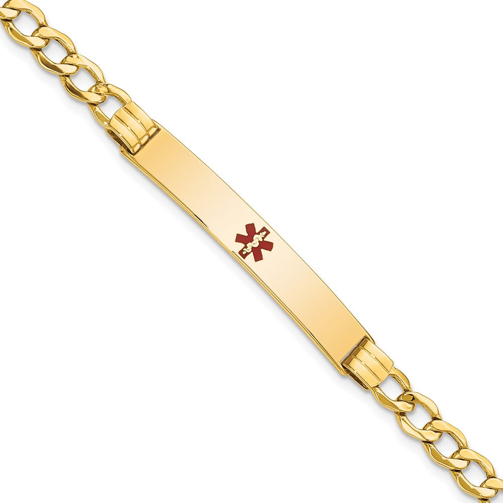 14K Medical Semi-Solid Chain/Solid Plate 37x6mm Centered Red Enamel Cuban Link 8 inch ID Bracelet