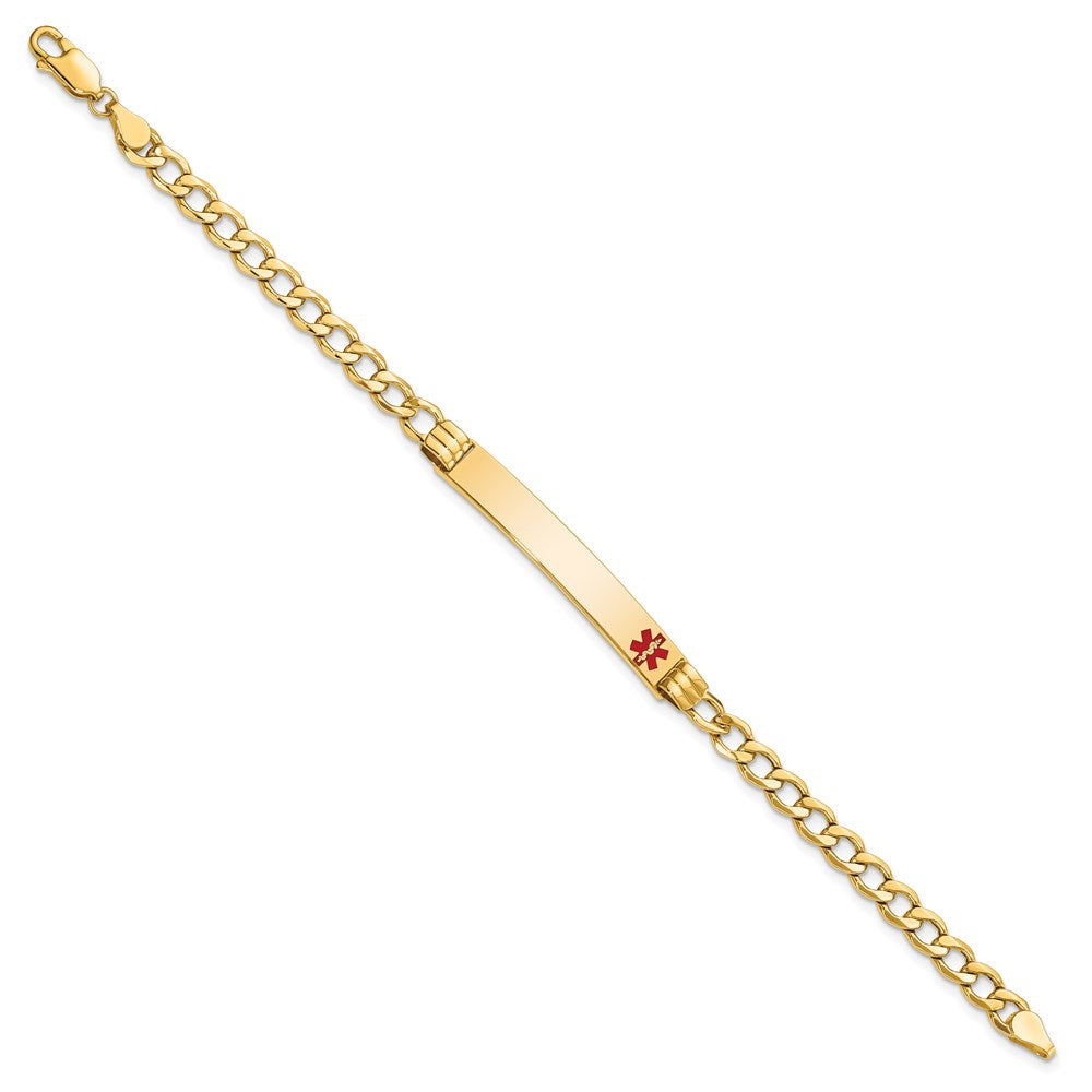 14K Medical Semi-Solid Chain/Solid Plate 37x6mm Off-Center Red Enamel Cuban Link 7 inch ID Bracelet