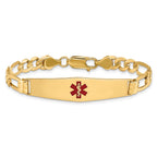 14K Medical Solid Chain/Solid Plate Soft Diamond Shape 36x9mm Centered Red Enamel Figaro Link 8 inch ID Bracelet