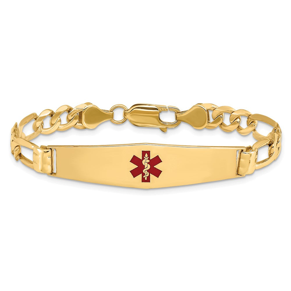 14K Medical Solid Chain/Solid Plate Soft Diamond Shape 36x9mm Centered Red Enamel Figaro Link 8 inch ID Bracelet