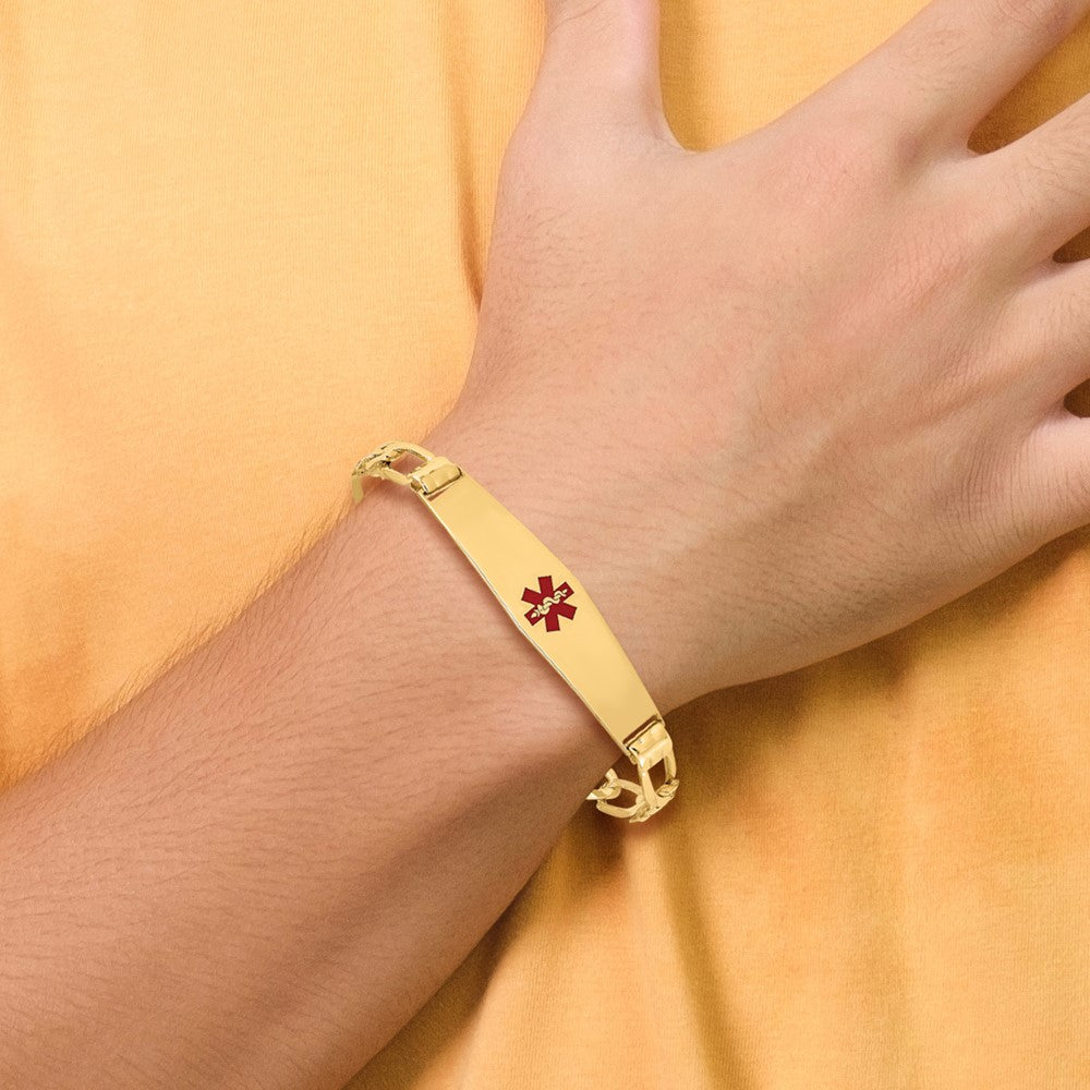 14K Medical Solid Chain/Solid Plate Soft Diamond Shape 36x9mm Centered Red Enamel Figaro Link 8 inch ID Bracelet