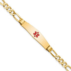 14K Medical Solid Chain/Solid Plate Soft Diamond Shape 36x9mm Centered Red Enamel Figaro Link 8 inch ID Bracelet