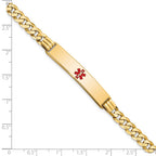 14K Medical Solid Chain/Solid Plate 38x8mm Centered Red Enamel Curb Link 8 inch ID Bracelet