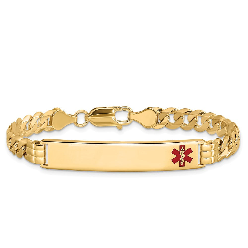 14K Medical Solid Chain/Solid Plate 38x8mm Off-Center Red Enamel Curb Link 8 inch ID Bracelet
