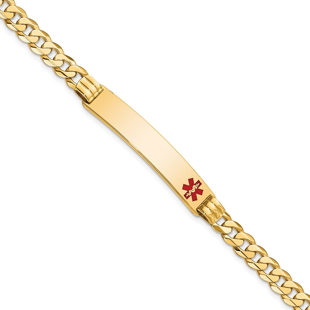 14K Medical Solid Chain/Solid Plate 38x8mm Off-Center Red Enamel Curb Link 8 inch ID Bracelet