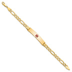 14K Medical Semi-Solid Chain/Solid Plate 38x9mm Centered Red Enamel Figaro Link 8 inch ID Bracelet