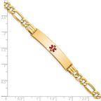 14K Medical Semi-Solid Chain/Solid Plate 38x9mm Centered Red Enamel Figaro Link 8 inch ID Bracelet